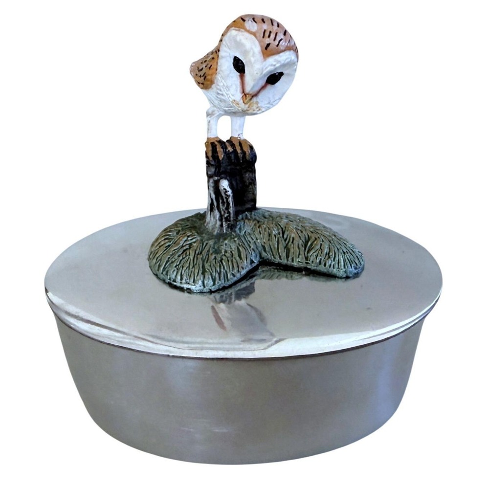 AR Wentworth Sheffield English Pewter Owl Trinket Box Pill Box - Vintage England